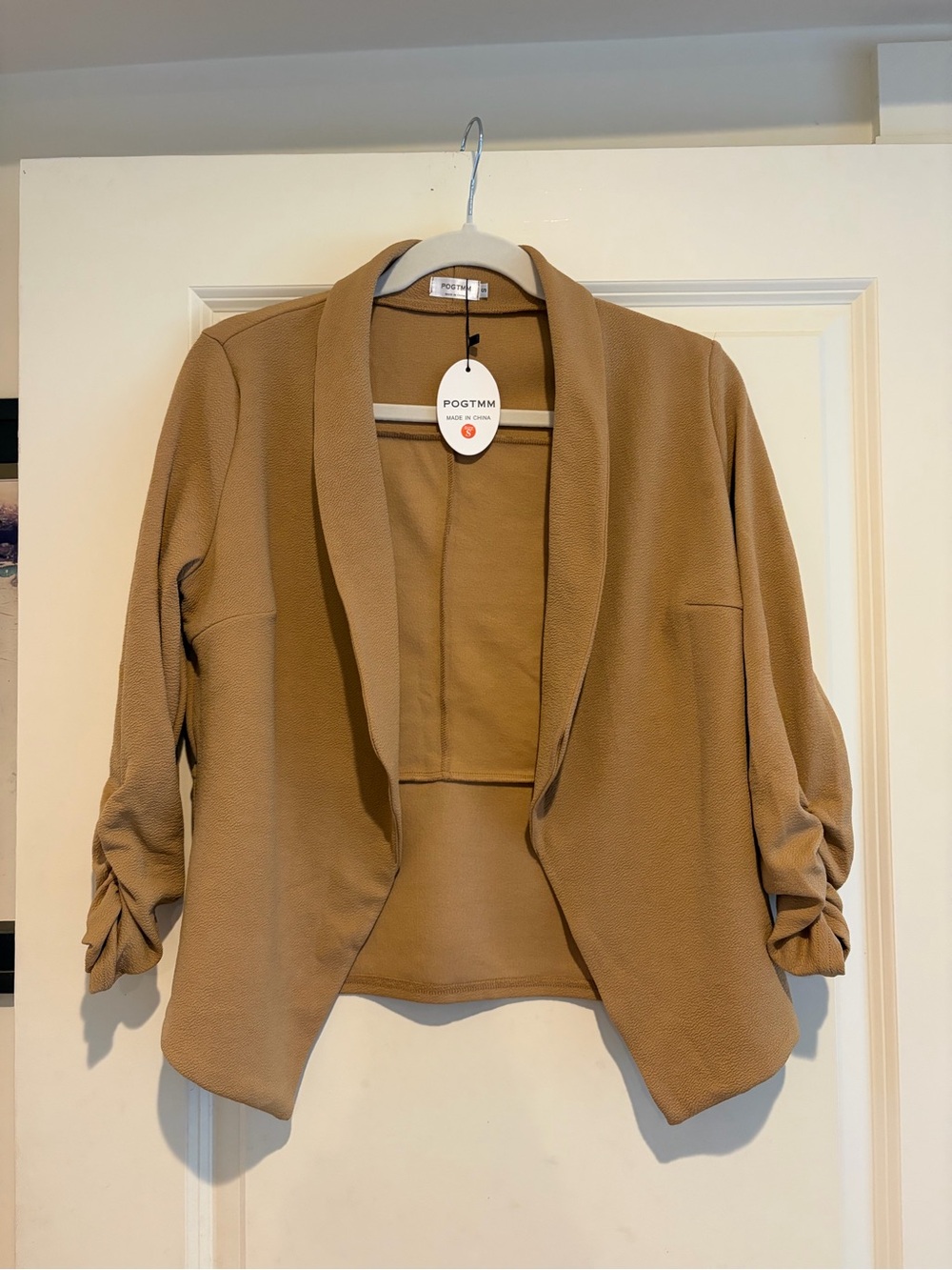 Womens Tan Open-Front Blazer with Ruched Sleeves